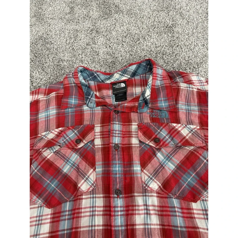 The North Face Mens XL Plaid Short Sleeve‎ Button Up Shirt Red Blue Cotton Modal